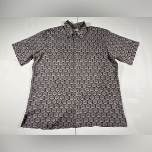 SOLD Reyn Spooner Shirt Blue Brown Reverse Print Hawaiian Island Geometric Men’
